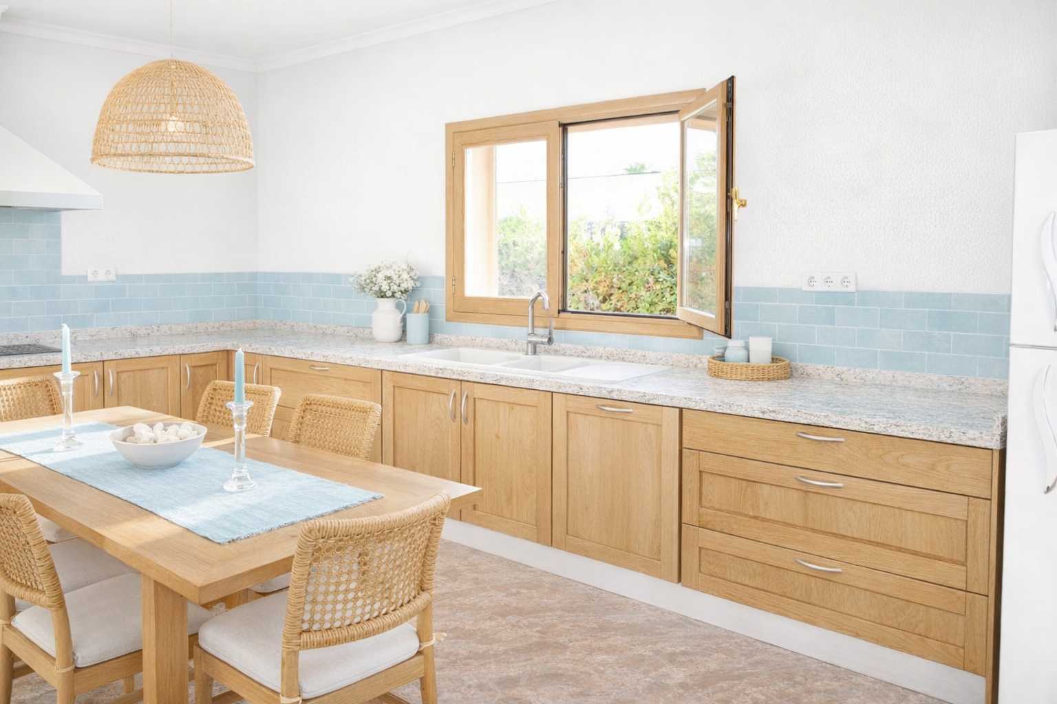 Visualizzazione cucina aggiornata con materiali contemporanei.